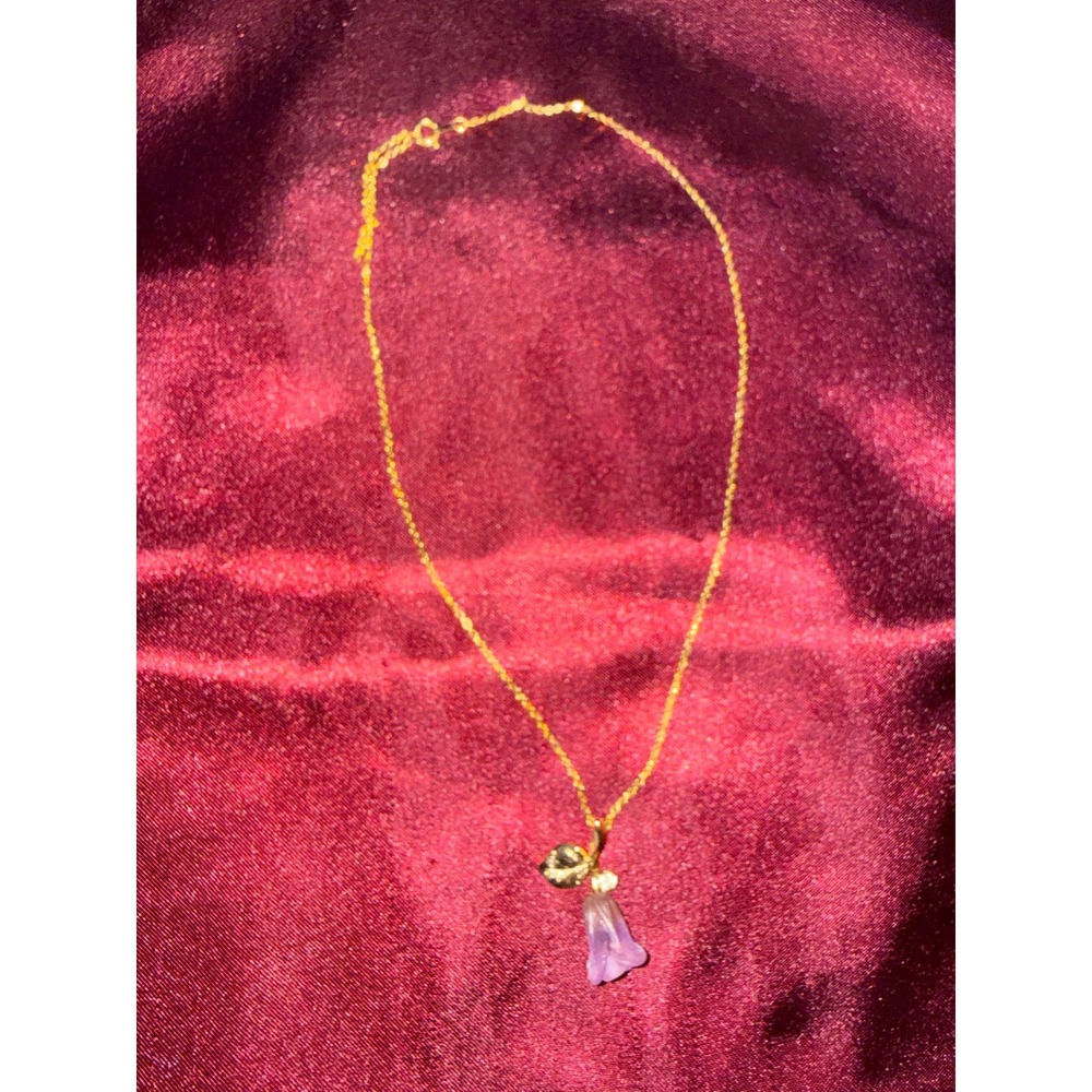 Gold Tone Purple Frosted Glass‎ Tulip Flower Pendant Necklace Rhinestone Accent